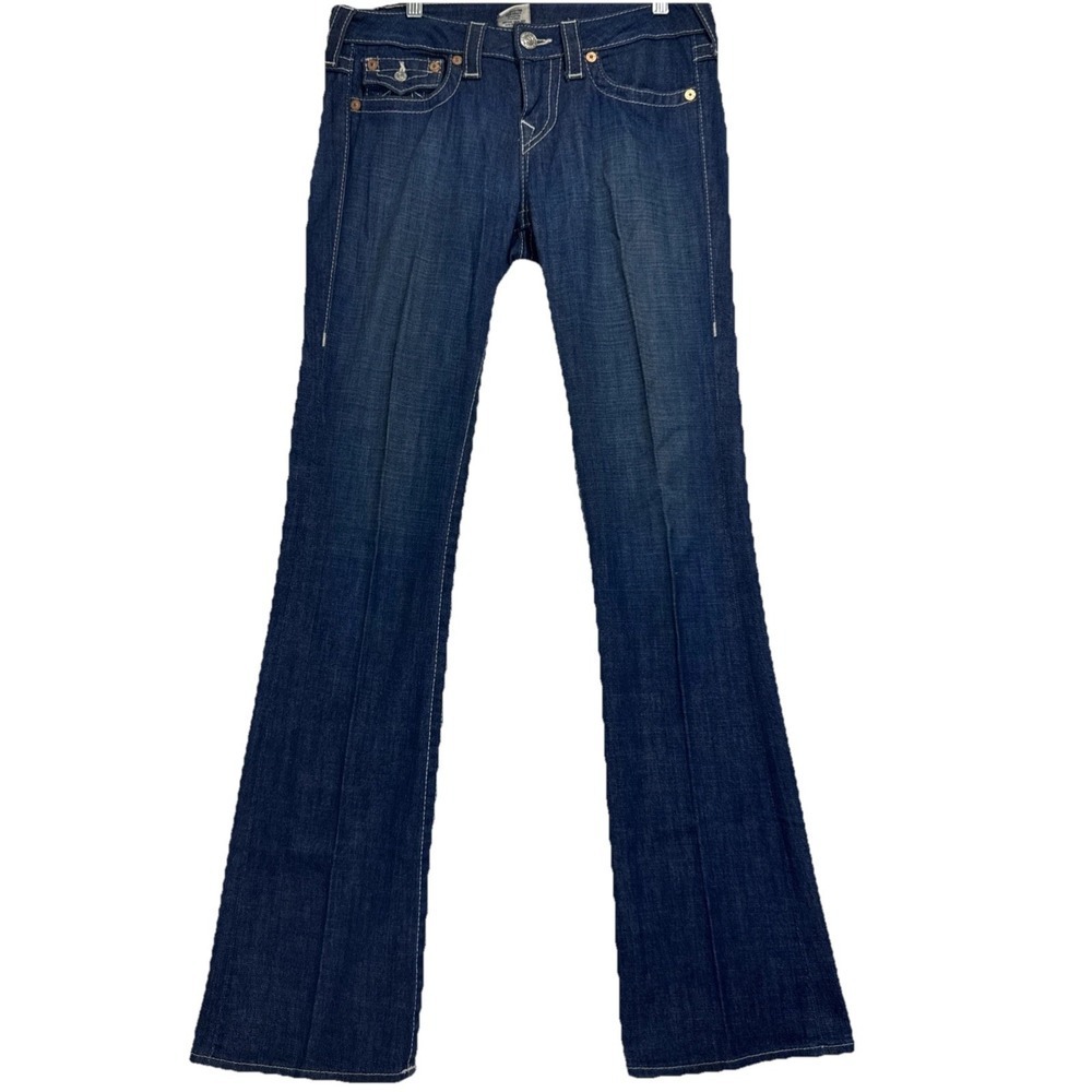 Y2K True Religion Hi-Rise Bootcut Womens 31 Dark Wash Blue Contrast Stitch Jeans